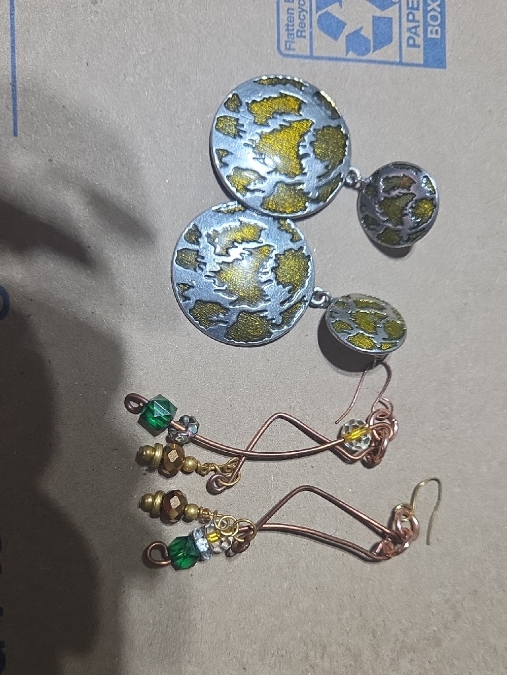 Silver and Gold-Tone Disc Drop Earrings - Handcrfted Green Bead Accents